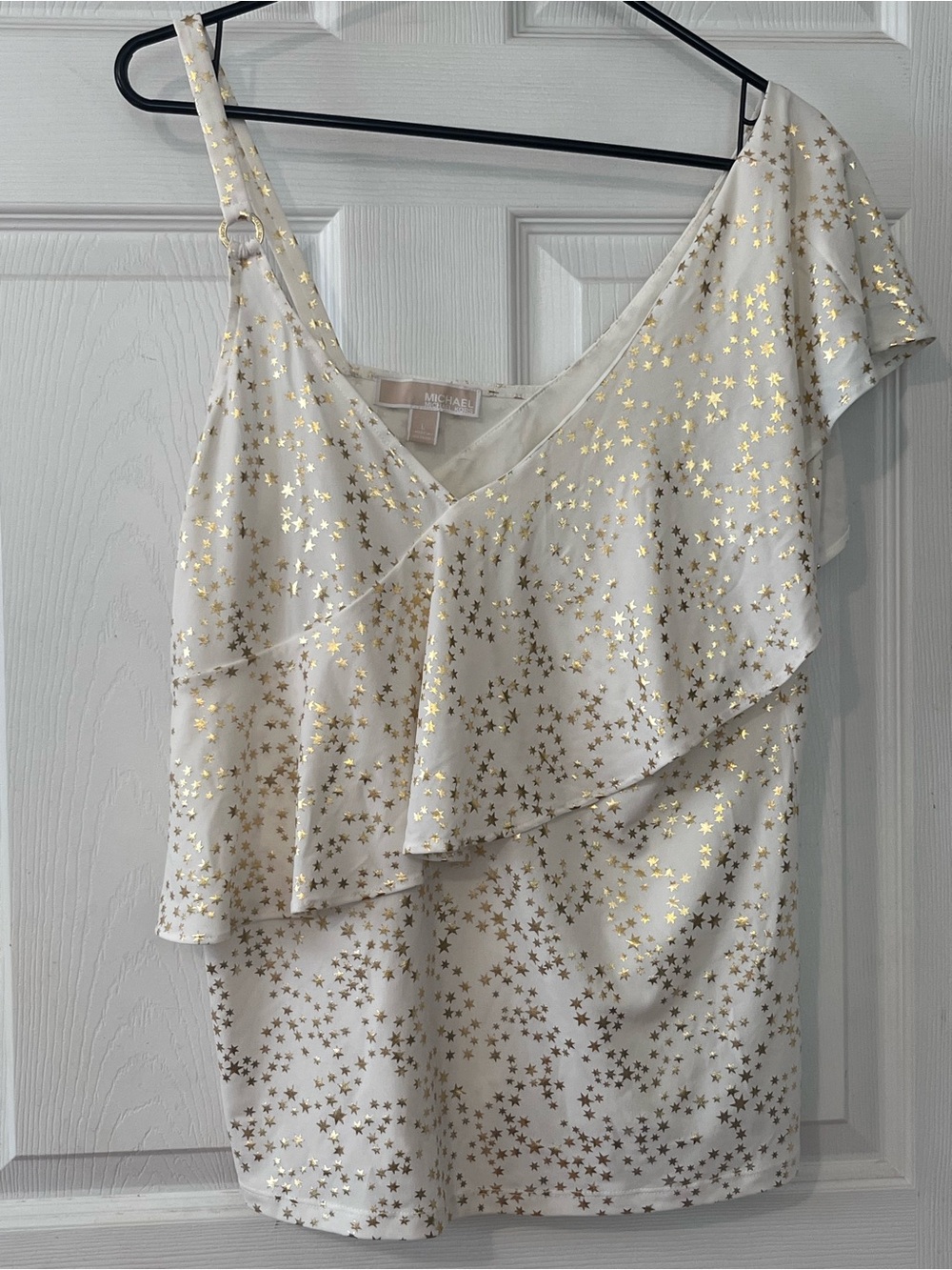 Michael Kors White and Gold Star One-Shoulder Ruffle Top